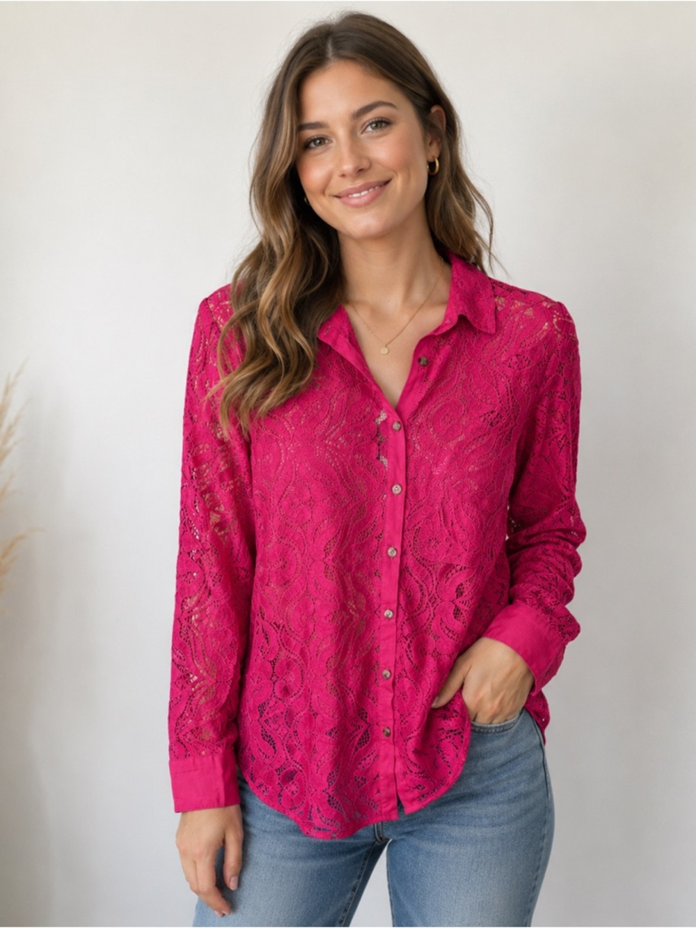 MAEVE by Anthropologie hot pink lace long sleeve button down top 8 NWT